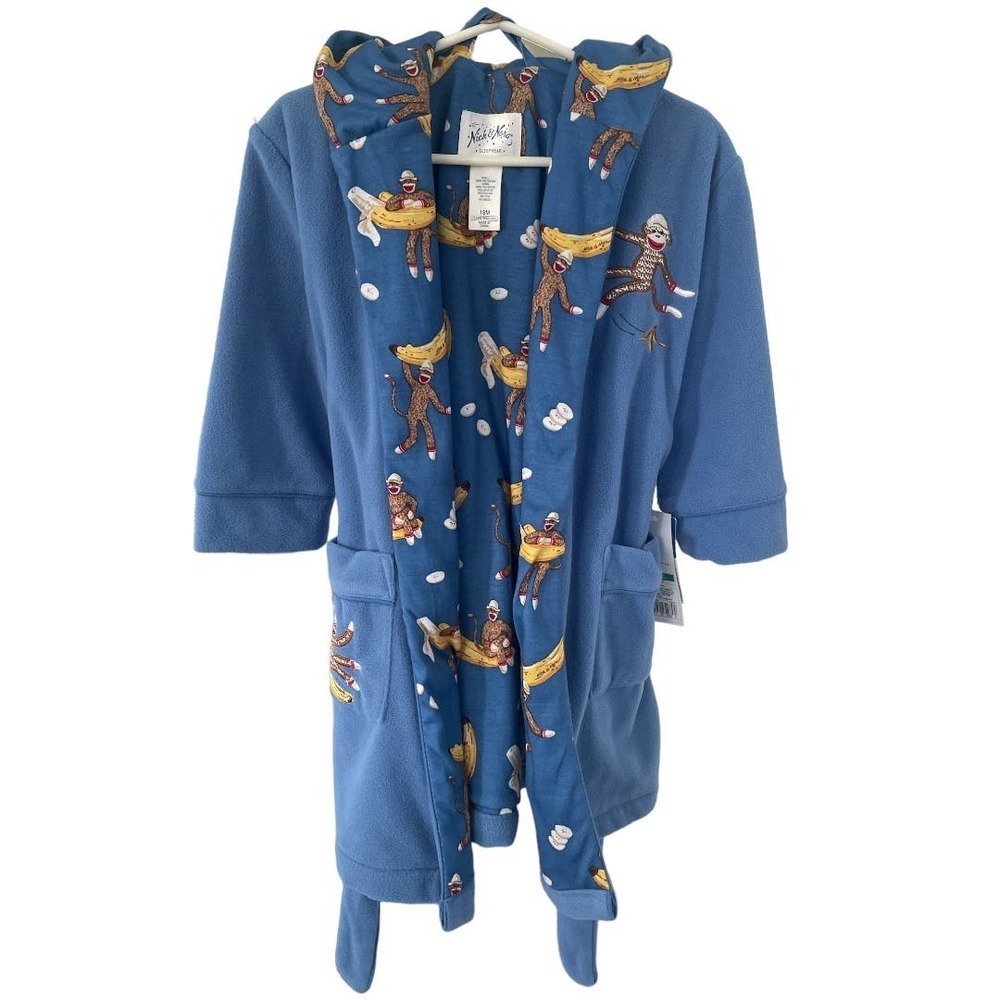 Nick & Nora Toddler Sock Monkey Banana Fleece Hooded Robe Blue Brown Size 18 M